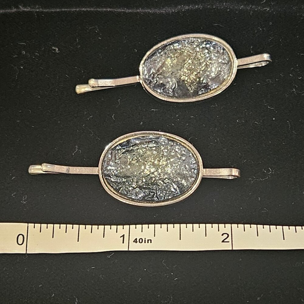 Moody Oval Resin Glitter green  Hair Pins With Silver Tone Metal Finish whimsygo